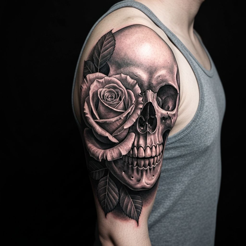 Realistic Rose & Skull Tattoo – Oberarm